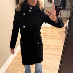 Tahari Italian Black Double-Breasted Wool Coat, belted & funnel neck - Size 6